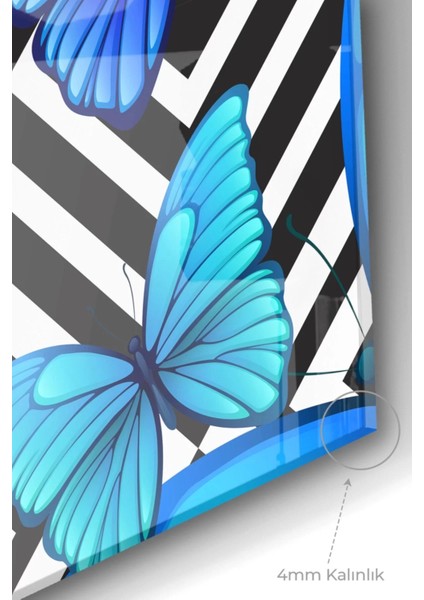 Geometrik Desenli Mavi Kelebek | Hayvan Temalı Cam Tablo | 50 x 70 cm