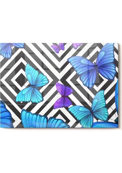 Geometrik Desenli Mavi Kelebek | Hayvan Temalı Cam Tablo | 50 x 70 cm