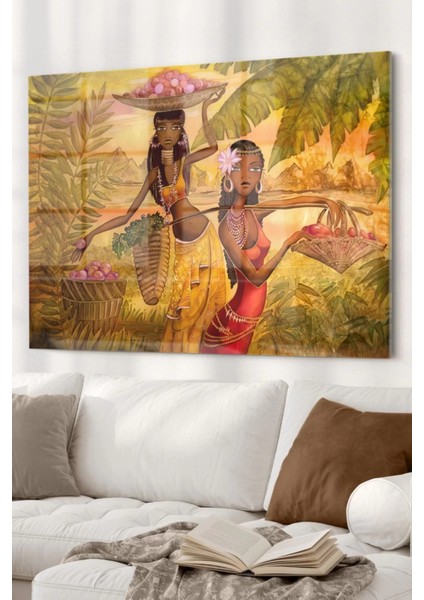 Meyve Toplayan Afrikalı Kadınlar| Etnik Temalıcam Tablo | 50 x 70 cm