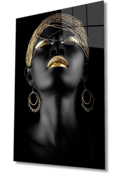 Marsilyan- Altın Saç Dudak ve Göz Makyajlı Afrikalı Kadın Cam Tablo