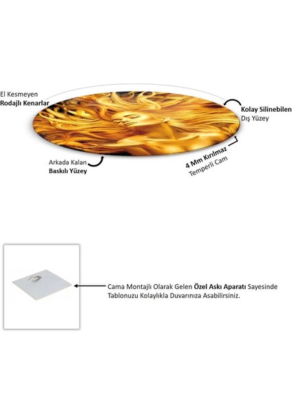 Saçları Savrulan Gold Kadın Temalı Sanatsal Yuvarlak Cam Tablo