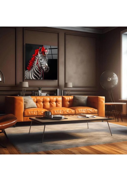 Kırmızı Yeleli Zebra Sanatsal Cam Tablo