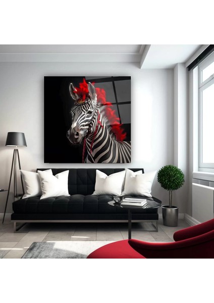 Kırmızı Yeleli Zebra Sanatsal Cam Tablo