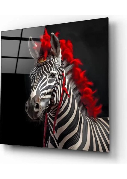 Kırmızı Yeleli Zebra Sanatsal Cam Tablo