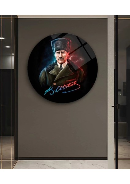 Atatürk ve Ayyıldız Sanatsal Yuvarlak Cam Tablo