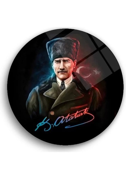 Atatürk ve Ayyıldız Sanatsal Yuvarlak Cam Tablo