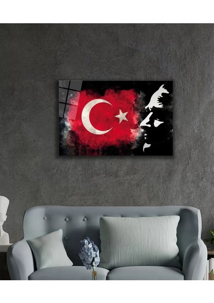 Marsilyan- Atatürk Bayrak Atatürk Silüetli Gölgeli Siyah Fonlu Cam Tablo fiyatları