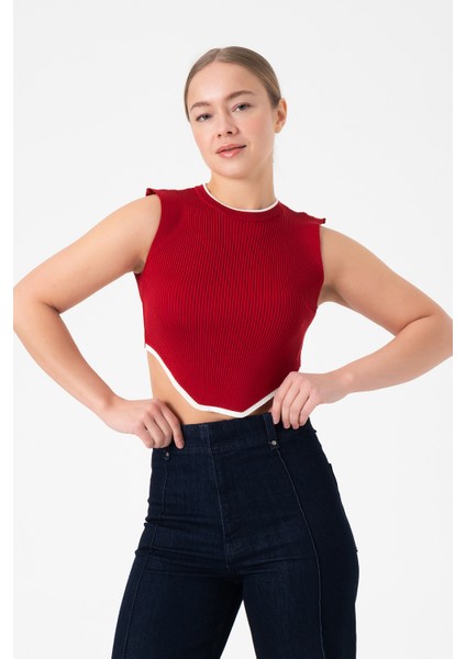 Kolsuz Triko Crop Bluz - Kırmızı