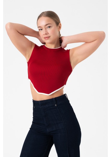 Kolsuz Triko Crop Bluz - Kırmızı