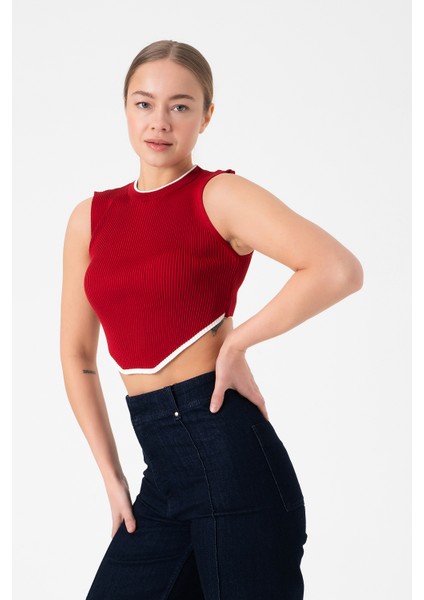 Kolsuz Triko Crop Bluz - Kırmızı