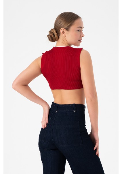 Kolsuz Triko Crop Bluz - Kırmızı