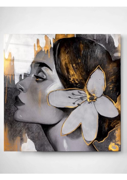 - Altın Çiçekli Kadın Cam Tablo