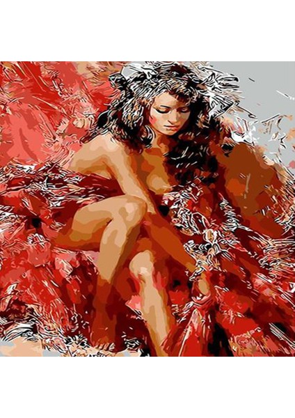 Canvas Kırmızı ve Kadın Sayılarla Boyama Seti Kasnaklı 40 x 50 cm