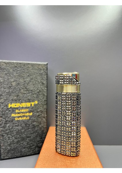 Pürmüz Alevli Zarif Parlak Taşlı Lüks Bayan Rüzgar Çakmağı