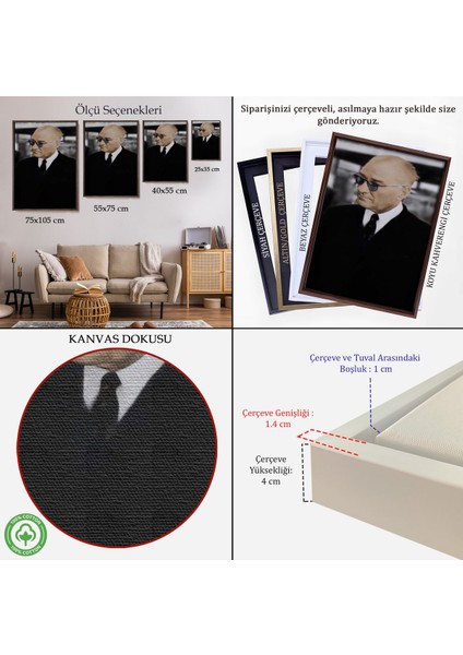 Çerçeveli Atatürk Portre Tablosu Mustafa Kemal Atatürk Dikdörtgen Dekoratif Kanvas TABLO-130
