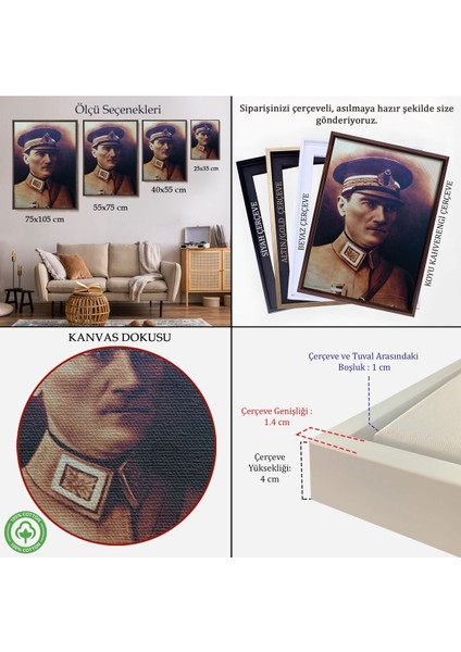 Çerçeveli Atatürk Portre Tablosu Mustafa Kemal Atatürk Dikdörtgen Dekoratif Kanvas Tablo-66