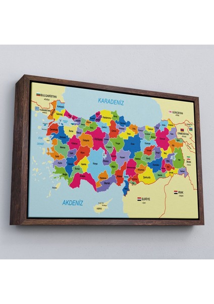 Çerçeveli Türkiye Haritası Kanvas Tablo Sınır Komşulu Eğitici Dekoratif TABLO-3089