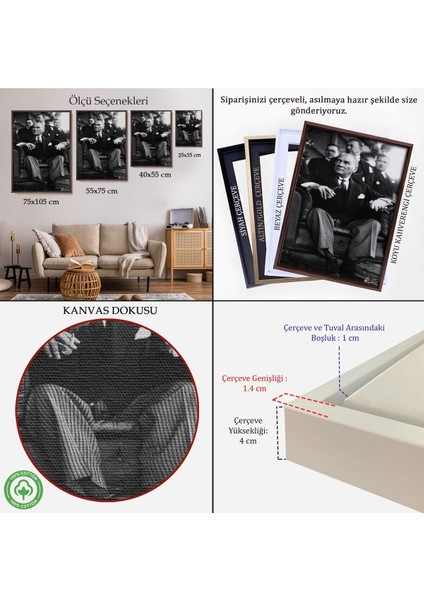 Çerçeveli Atatürk Portre Tablosu Mustafa Kemal Atatürk Dikdörtgen Dekoratif Kanvas Tablo-71