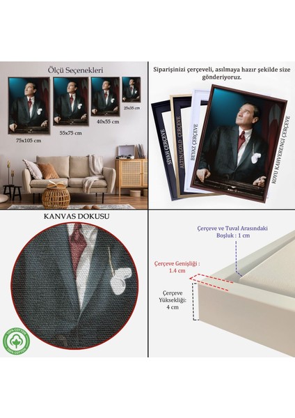 Çerçeveli Atatürk Portre Tablosu Mustafa Kemal Atatürk Dikdörtgen Dekoratif Kanvas Tablo-64