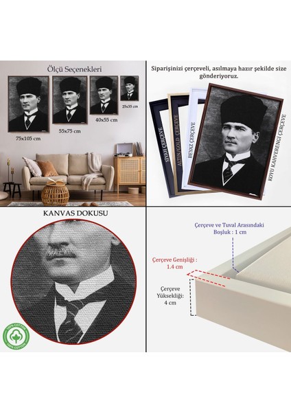 Çerçeveli Atatürk Portre Tablosu Mustafa Kemal Atatürk Dikdörtgen Dekoratif Kanvas Tablo-60 indirimleri