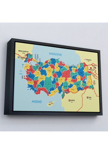 Çerçeveli Türkiye Haritası Kanvas Tablo Il ve Ilçeli Ayrıntılı Eğitici Komşulu TABLO-3019