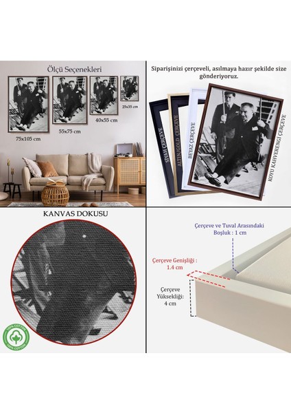 Çerçeveli Atatürk Portre Tablosu Mustafa Kemal Atatürk Dikdörtgen Dekoratif Kanvas TABLO-146
