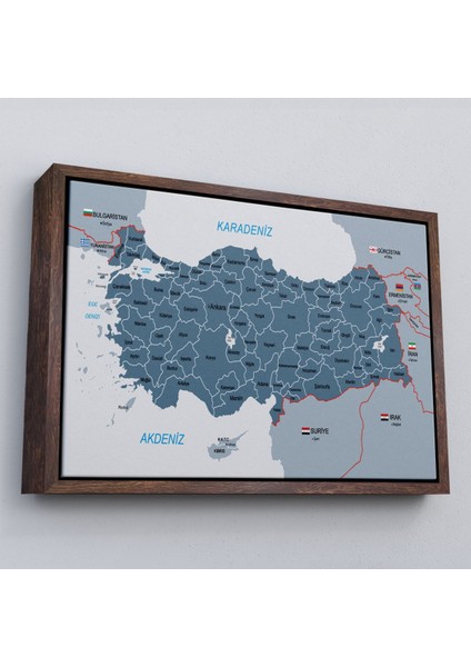 Çerçeveli Türkiye Haritası Kanvas Tablo Sınır Komşulu Eğitici ve Öğretici Dekoratif TABLO-3093