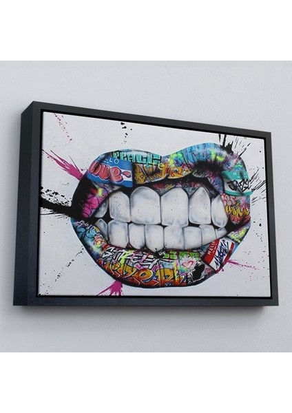 Çerçeveli Renkli Dudak Graffiti Kanvas Tablo, Banksy Sokak SANATI-5413