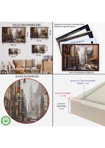 Çerçeveli New York Sokakları ve Sarı Taksi Yağlıboya Görünüm TABLO-3550