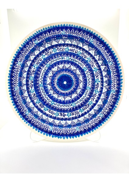 Mavi Motifli Marin Renkli El Yapımı Dekoratif Sunum Tabağı 30 cm