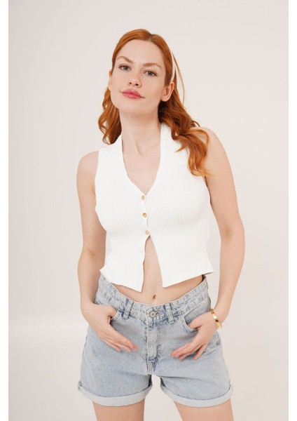 V Yaka Düğmeli Crop