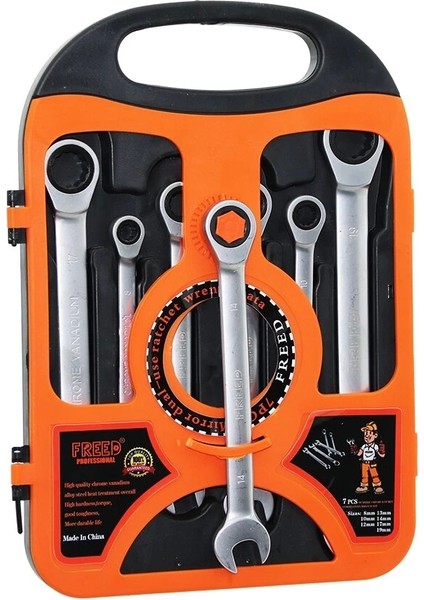 7 Pcs Cırcır Kombine Anahtar Seti 8-10-12-13-14-17-19MMPLASTIK Taşıma Çantalı