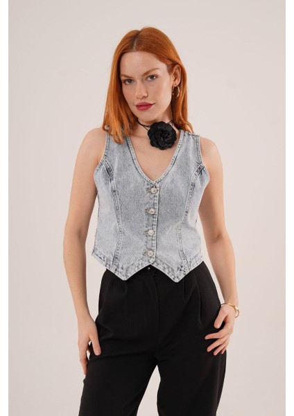 Düğmeli V Yaka Kot Crop