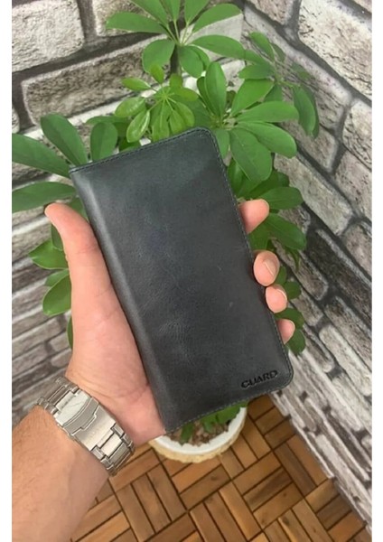Hakiki Deri Antik Siyah Telefon Girişli Erkek Portföy Cüzdan (T1504)