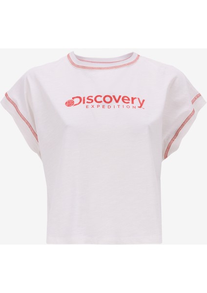 D5SL-TST3571 Kırık Beyaz Bisiklet Yaka Relaxed Baskılı Kadın T-Shirt