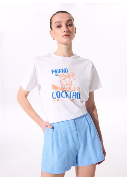Bisiklet Yaka Baskılı Beyaz Kadın T-Shirt F5SL-TST0470 modelleri
