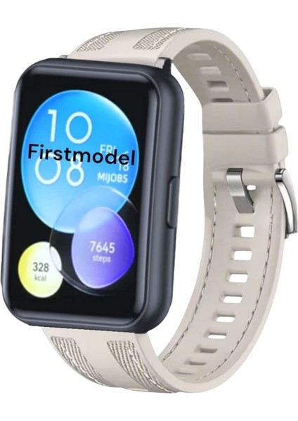 Huawei Watch Fit 2 Uyumlu Premium Dikişli Silikon Kordon Pim Çevirici Aparatlı Bej