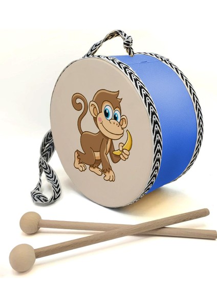 Maymun Baskılı Deri Oyuncak Çocuk Davulu Mavi( 2-5 Yaş)