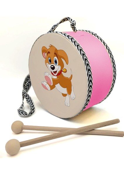 Sevimli Köpek Baskılı Deri Oyuncak Çocuk Davulu Pembe( 2-5 Yaş)
