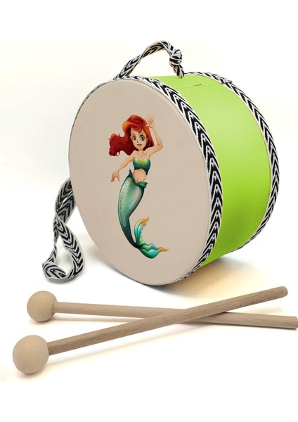 Deniz Kızı Baskılı Deri Oyuncak Çocuk Davulu Yeşil( 2-5 Yaş)