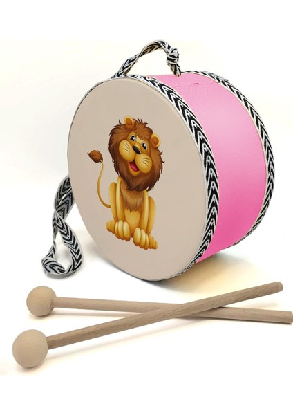 Aslan Baskılı Deri Oyuncak Çocuk Davulu Pembe( 2-5 Yaş)