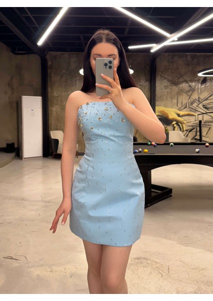 Janiya Özel Tasarım Ful Taş Işlemeli Göğüs Pedli ve Bantlı Mini Boy Elbise Bebe Mavi