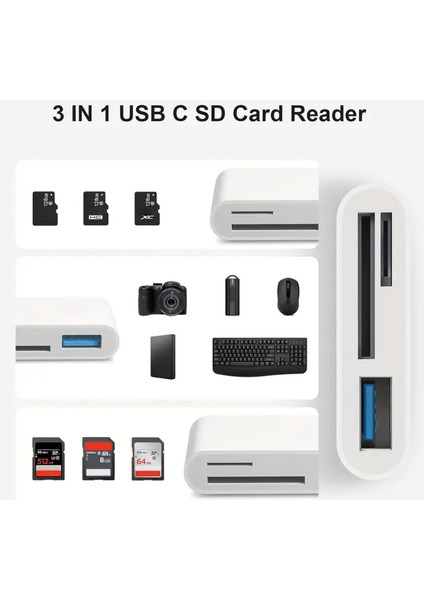 USB C - Micro Sd Tf Hafıza Kartı Okuyucu, 3'ü 1 Arada USB Kamera Kart Okusb Type-C To Sd Micro Sd Tf Kart Okuyucu ve USB Çevirici 3 In 1 Dönüştürücü Adaptör
