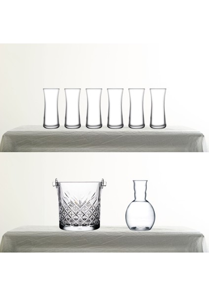 Heybeli Rakı Bardağı, Nude Kristal Karaf ve Timeless Buz Kovası 8 Parça Rakı Seti