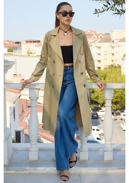 5853 Kruvaze Yaka Trençkot - A.haki