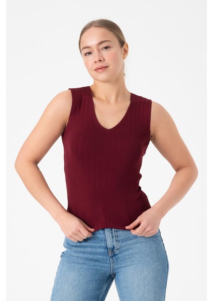 Bordo V Yaka Kadın Triko Bluz