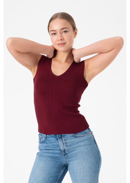 Bordo V Yaka Kadın Triko Bluz fiyatları