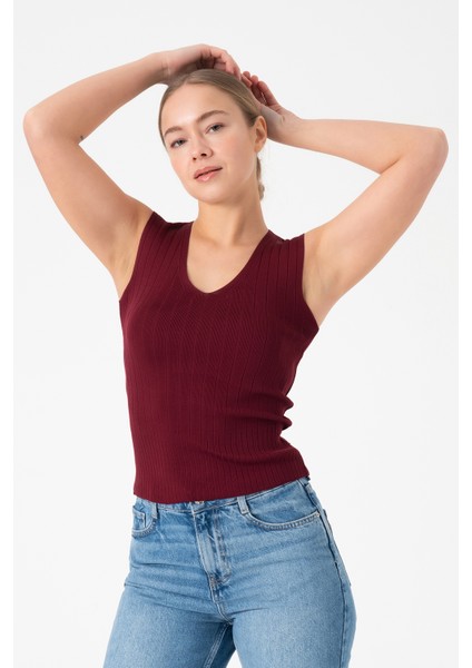 Bordo V Yaka Kadın Triko Bluz modelleri