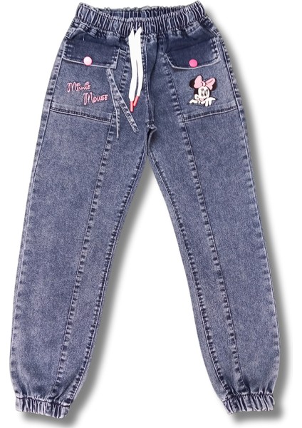 Kız Çocuk Minnie Mouse Nakışlı Bel Lastikli Kot Pantolon