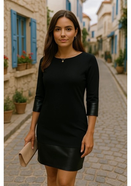 Kadın Uzun Kollu Bisiklet Yaka Deri Detaylı Ithal Krep Elbise